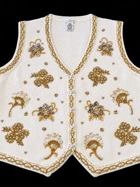Embellished Cream V-Neck Sweater Vest with Gold Beading